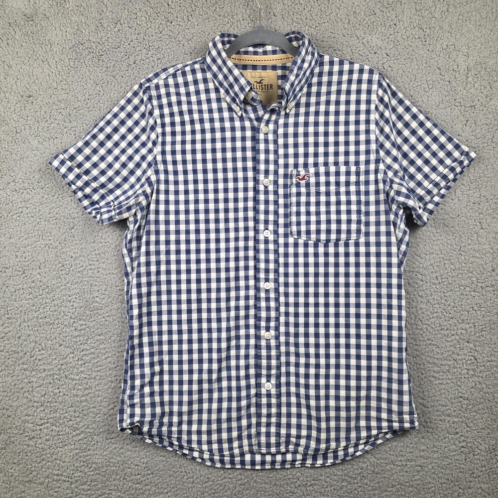 Hollister Shirt Mens Large Blue Gingham Check Short Sleeve Button Up Casual